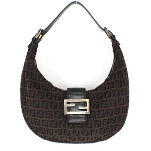 FENDI Brown Leather Crescent Zucca Shoulder bag FF